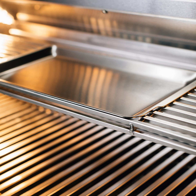 TrueFlame 32 Inch Built-In Grill with stainless steel grates and removable warming rack tray