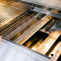 Close-up of the stainless steel cooking grates and flame tamers inside the TrueFlame 32 Inch Built-In Grill