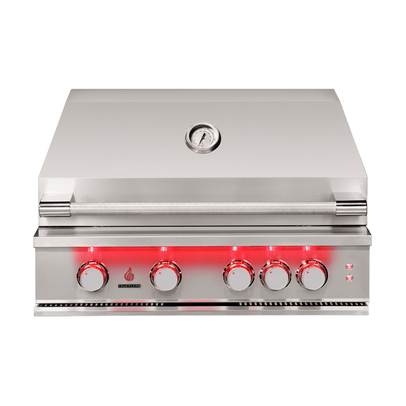 TrueFlame 32 inch built-in stainless steel grill with LED lighting and heat zone separators
