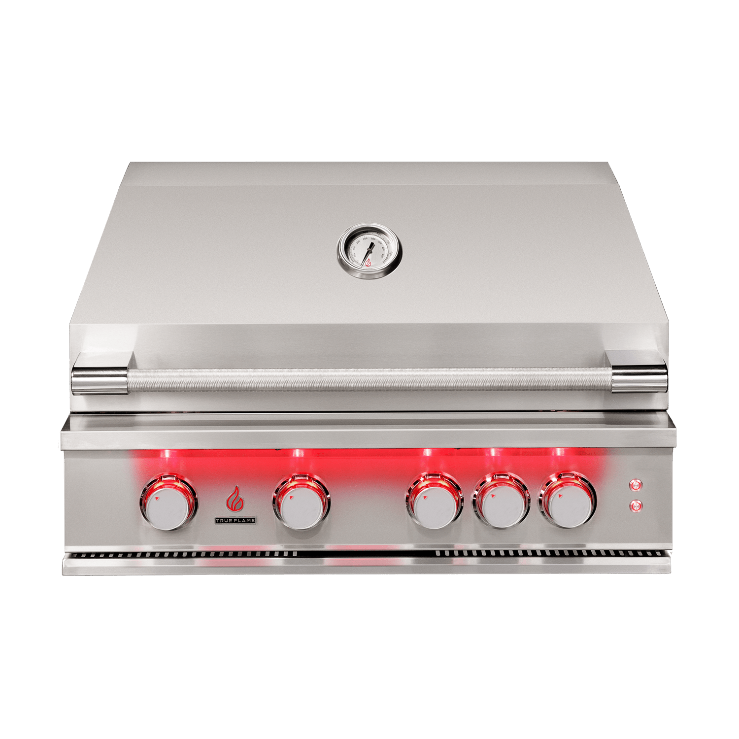 TrueFlame 32 inch built-in stainless steel grill with illuminated control knobs and temperature gauge on lid