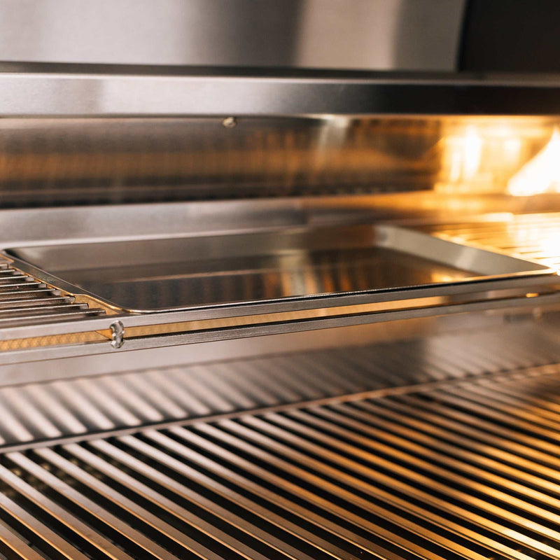 TrueFlame 40 inch built-in stainless steel grill with halogen interior lighting and removable warming rack tray