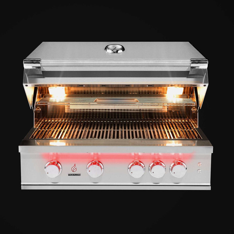TrueFlame 40 inch built-in stainless steel grill with LED knob lighting and halogen interior lights