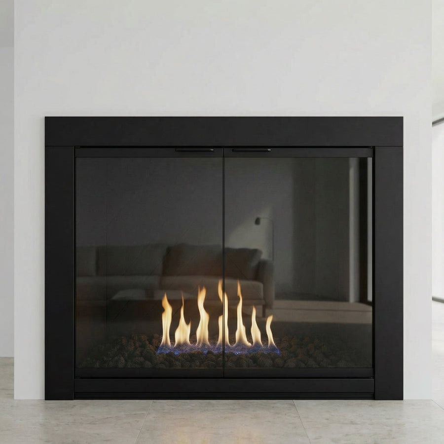 Medio Fireplace Doors / Opening 29 3/8W x 23 1/4"H / Matte Black / Clear Glass / Modern Handle / Twin Gate Mesh / Cabinet Doors / No Draft Control