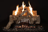 Grand Canyon 18-inch ventless gas log set with realistic red oak logs, high-efficiency burner, and adjustable flames for maximum heat output