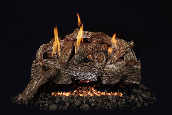 24" GlowFire Arizona Weathered Oak Charred Gas Log Set in ventless fireplace generating efficient heat