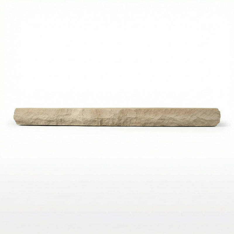 Rockface Stone Mantel Shelf Turfway Tan non-combustible concrete Burncrete finish close-up