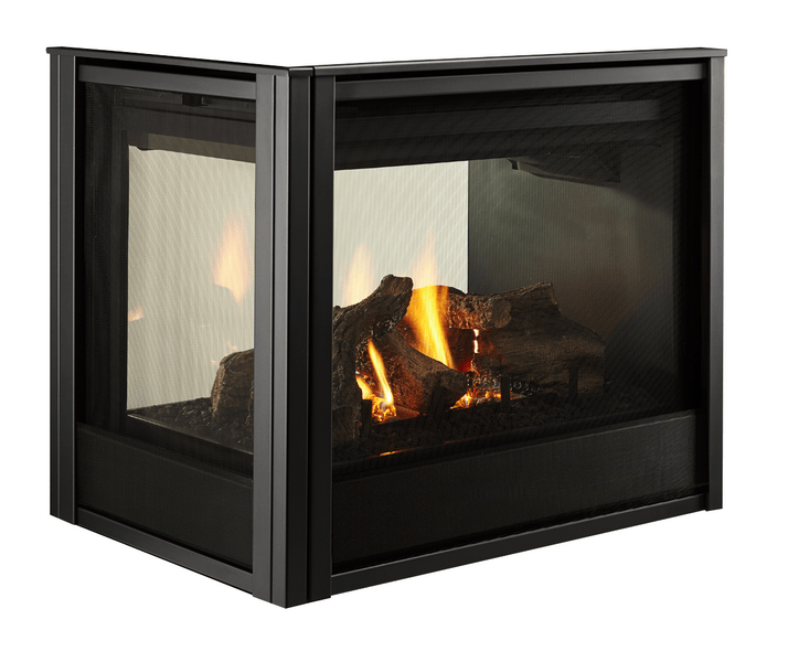 Majestic Pier 36 peninsula direct vent gas fireplace product shot with black metal interior and logs