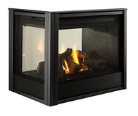 Majestic Pier 36 peninsula direct vent gas fireplace product shot with black metal interior and logs