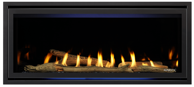 Majestic Jade 42 gas fireplace product shot with graphite front, driftwood logs and sapphire glass