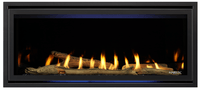 Majestic Jade 42 gas fireplace product shot with graphite front, driftwood logs and sapphire glass