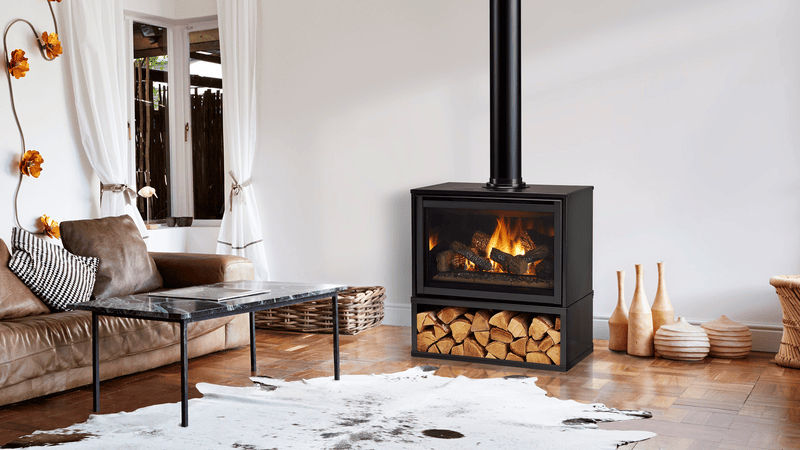 Majestic Trilliant freestanding gas fireplace lifestyle room shot alternate view