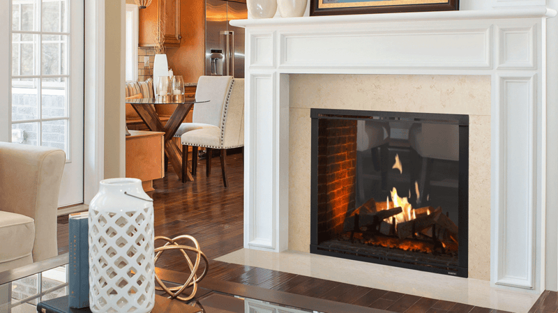 Majestic Marquis II See-Through 42 direct vent gas fireplace hero shot with flame