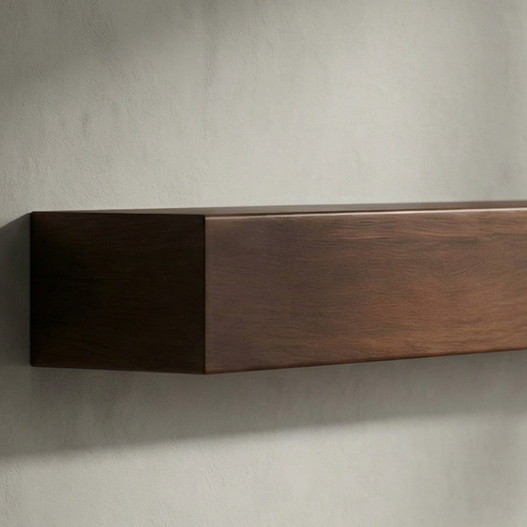 Custom metal floating mantel shelf with wood grain walnut finish, non-combustible and easy to install