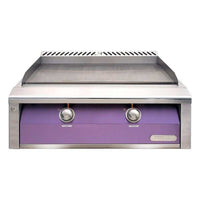 Alfresco 30-Inch freestanding natural gas griddle with dual-zone thermostatic control and stainless steel cover in blue lilac finish