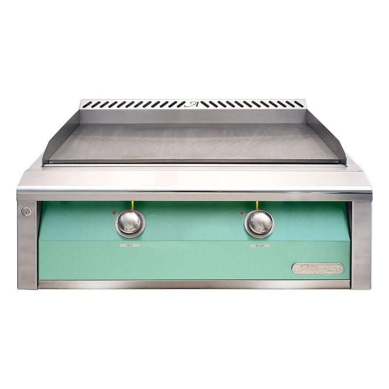 Alfresco 30-inch light green freestanding natural gas griddle with dual-zone thermostatic controls and stainless steel cooking surface