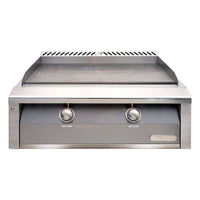Alfresco 30-Inch freestanding natural gas griddle in stainless steel with dual-zone thermostatic controls