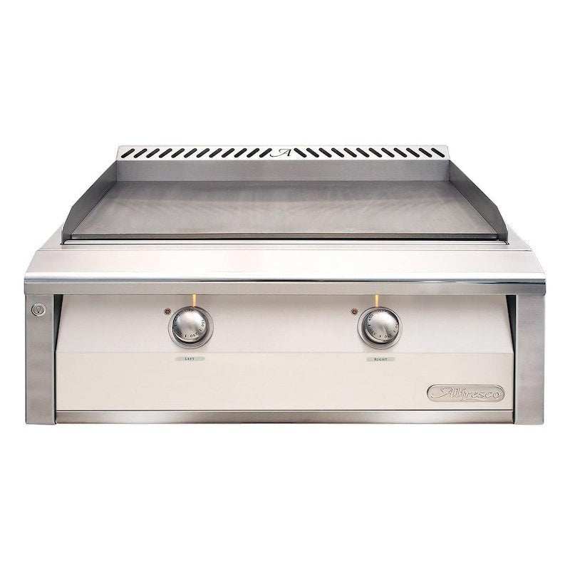 Alfresco 30-Inch freestanding natural gas griddle with dual-zone stainless steel cooking surface in signal white gloss