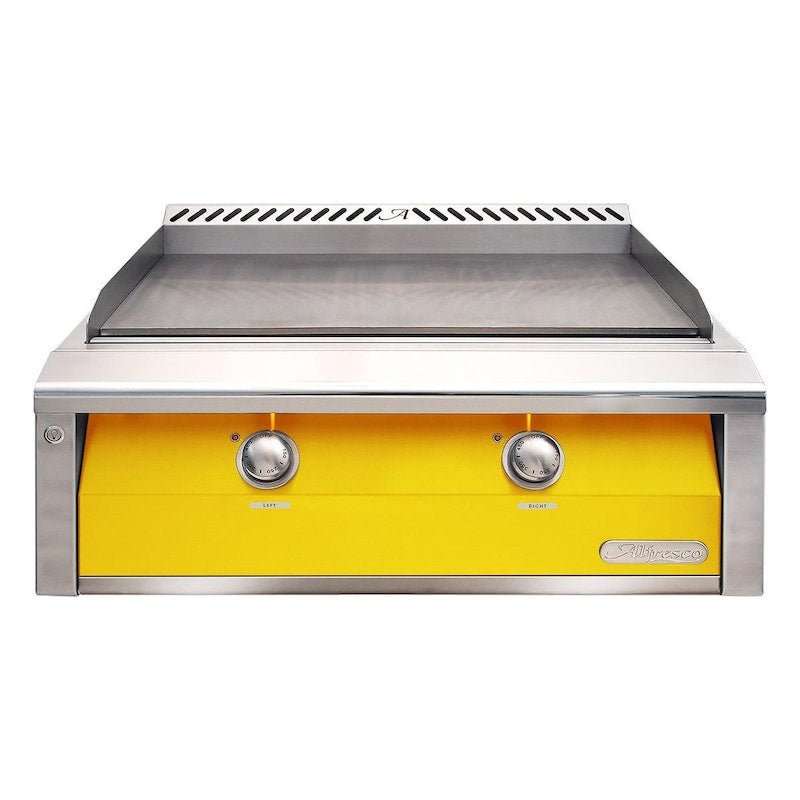 Alfresco 30-Inch freestanding natural gas griddle with dual-zone thermostatic control and stainless steel cover in traffic yellow