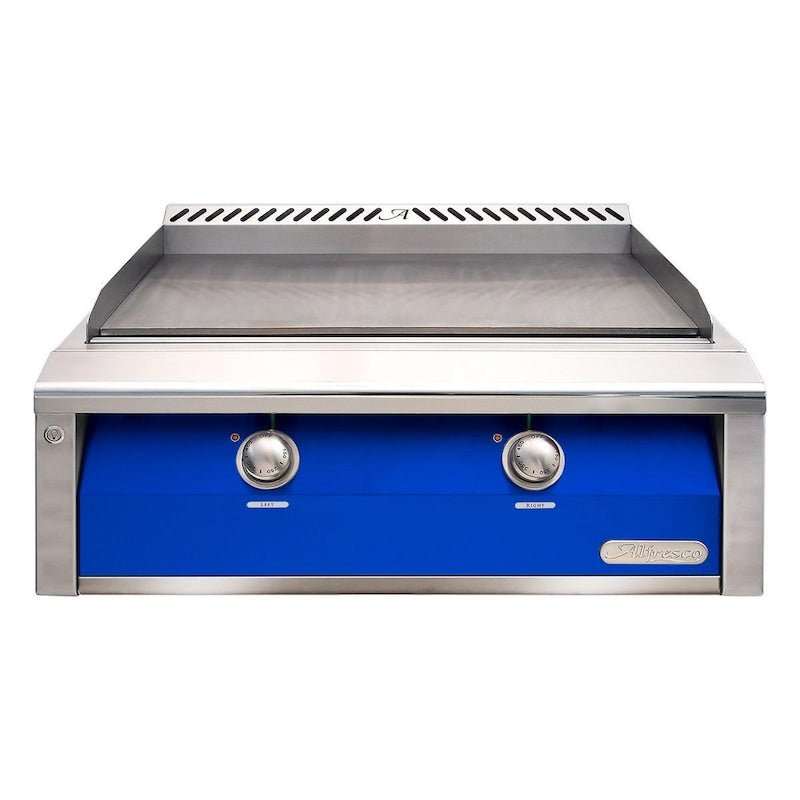 Alfresco 30-Inch freestanding natural gas griddle with dual-zone thermostatic control and stainless steel cover in ultramarine blue
