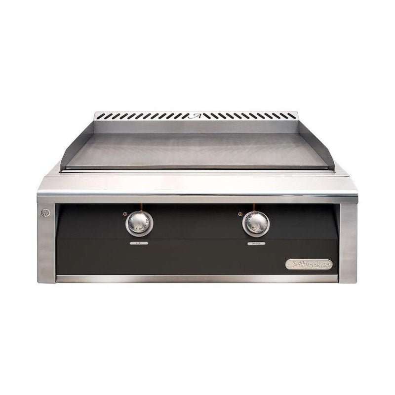 Alfresco 30-inch natural gas stainless steel griddle with dual-zone thermostatic control and black matte finish