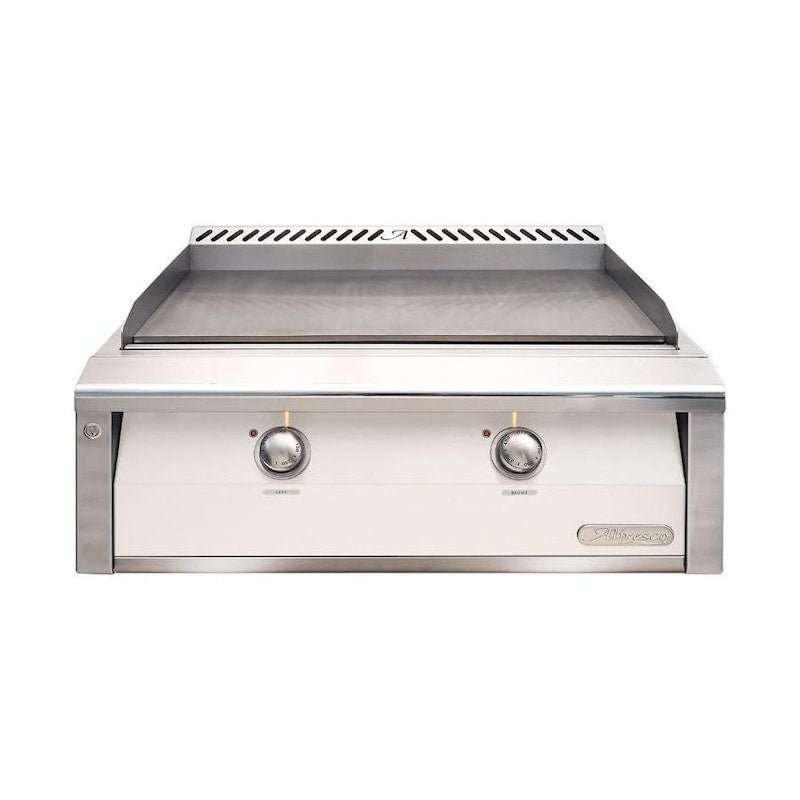 Alfresco 30-Inch Natural Gas built-in griddle in white matte with dual-zone stainless steel cooking surface and push-button ignition