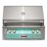 Alfresco ALXE 30-Inch built-in natural gas grill with rotisserie in light green and stainless steel cover