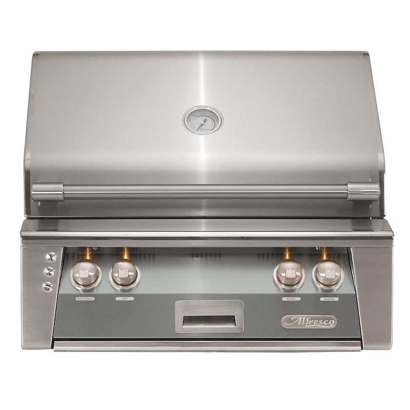 Alfresco ALXE 30-inch built-in natural gas grill in stainless steel with analog thermometer and control knobs