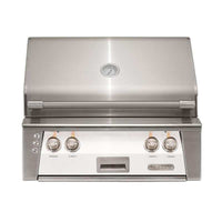 Alfresco ALXE 30-Inch built-in stainless steel natural gas grill with rotisserie and analog thermometer in white matte finish