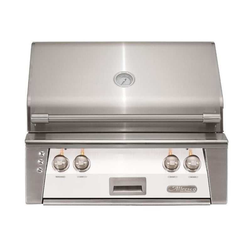 Alfresco ALXE 30-Inch built-in stainless steel natural gas grill with rotisserie and analog thermometer in white matte finish