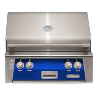 Stainless steel Alfresco ALXE 30-inch built-in natural gas grill with blue control panel and analog thermometer.