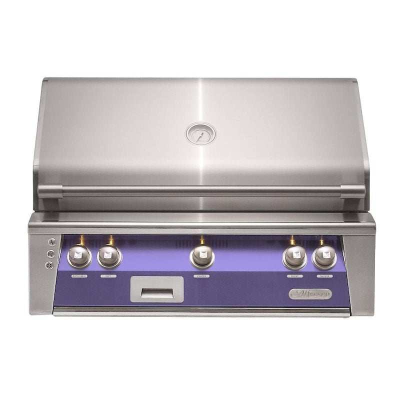 Alfresco ALXE 36-inch built-in stainless steel natural gas grill with purple control panel and analog thermometer