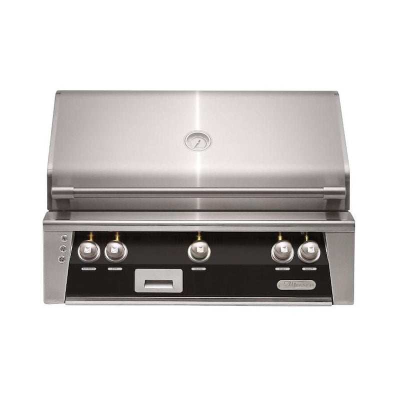 Alfresco ALXE 36-Inch built-in natural gas grill with stainless steel finish and integrated rotisserie system