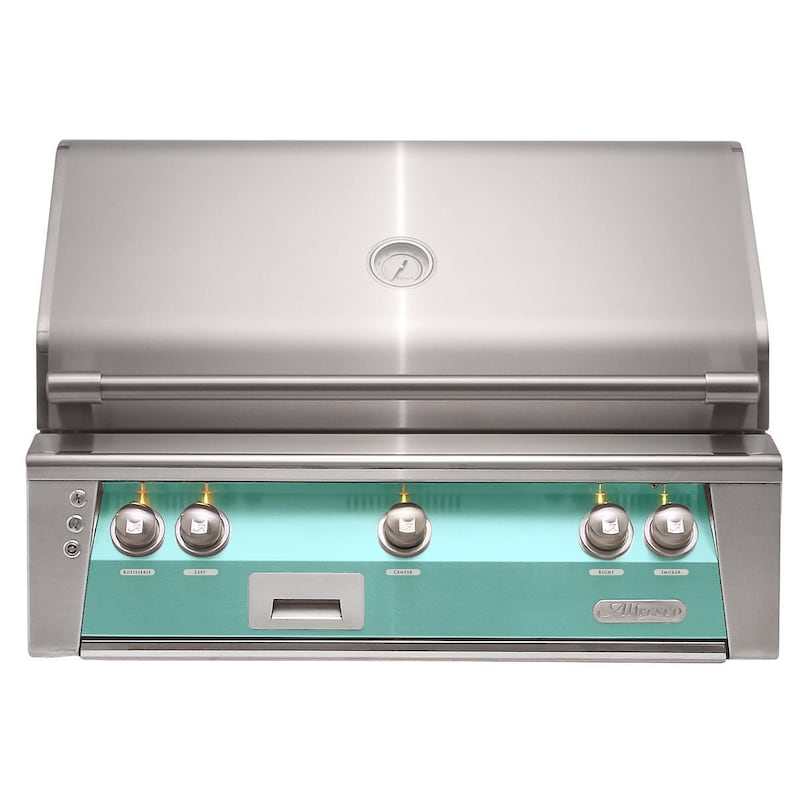 Alfresco ALXE 36-Inch built-in natural gas grill in light green with stainless steel hood and control panel