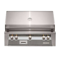 Alfresco ALXE 36-inch built-in natural gas grill in stainless steel with integrated rotisserie and control knobs