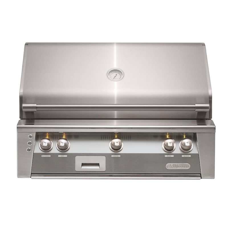 Alfresco ALXE 36-inch built-in natural gas grill in stainless steel with integrated rotisserie and control knobs