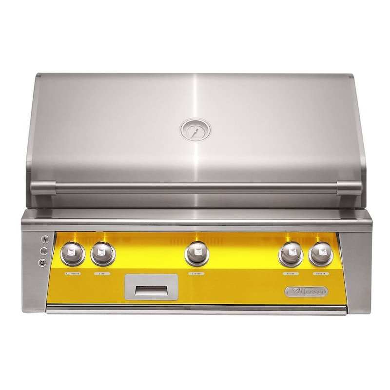 Alfresco ALXE grill built-in natural gas stainless steel grill with yellow control panel and five knobs