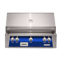 Alfresco ALXE 36-inch built-in natural gas grill with ultramarine blue panel and stainless steel hood with integrated rotisserie system