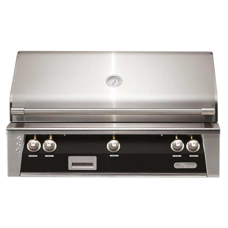 Alfresco ALXE 42-Inch built-in stainless steel natural gas grill with rotisserie and control knobs closed lid