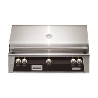 Alfresco ALXE built-in natural gas grill with stainless steel finish and control knobs