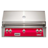 Alfresco ALXE 42-inch built-in natural gas grill with stainless steel hood and raspberry red control panel
