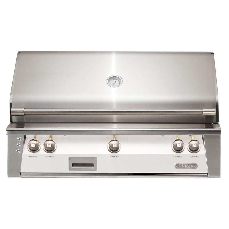 Alfresco ALXE 42-inch built-in natural gas grill in stainless steel with rotisserie and 5 control knobs