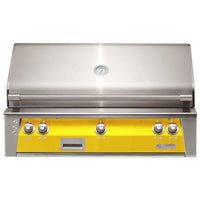 Alfresco ALXE 42-Inch Built-In Gas Grill with stainless steel lid and yellow control panel featuring five knobs and built-in thermometer