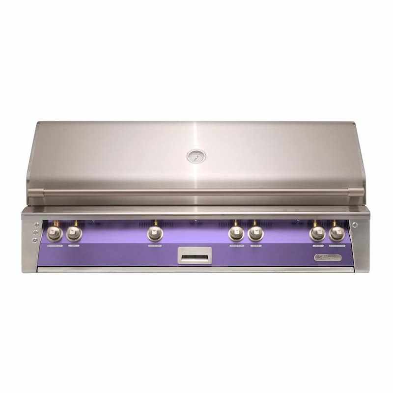 Alfresco ALXE 56-inch built-in stainless steel gas grill in blue lilac with six control knobs and analog thermometer on lid