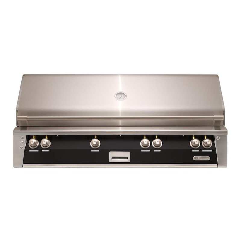 Alfresco ALXE grill built-in stainless steel gas grill control panel with knobs and thermometer