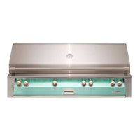 Alfresco ALXE 56-inch built-in natural gas grill in light green with stainless steel hood and control panel