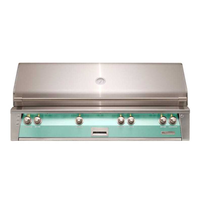 Alfresco ALXE 56-inch built-in natural gas grill in light green with stainless steel hood and control panel