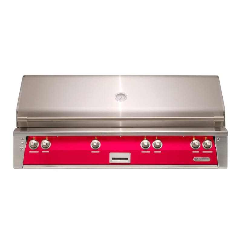 Alfresco ALXE 56-inch built-in natural gas grill in raspberry red with stainless steel lid and control panel with six knobs