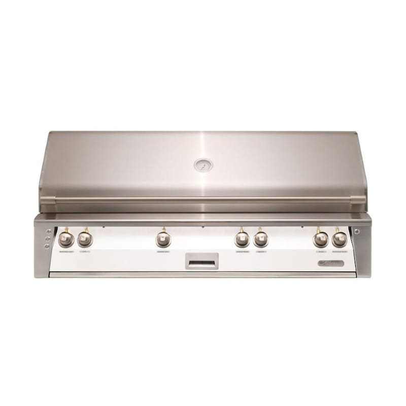 Alfresco ALXE 56-inch built-in natural gas grill in white matte with sear zone, rotisserie, and six control knobs