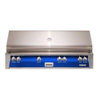 Alfresco ALXE built-in natural gas grill in ultramarine blue with stainless steel hood and control panel