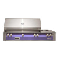 Alfresco ALXE 56-inch built-in natural gas grill with rotisserie and blue lilac stainless steel front panel
